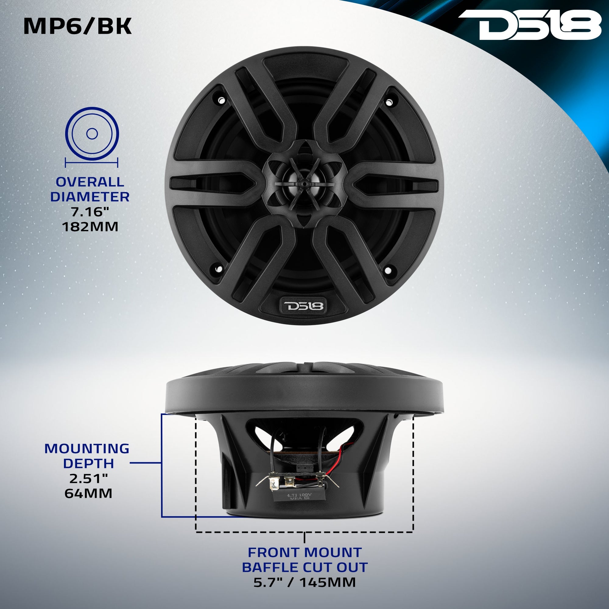 MP 6.5" 2-Way Coaxial Marine Speaker 60 Watts Rms 4-Ohm -Black - DS18