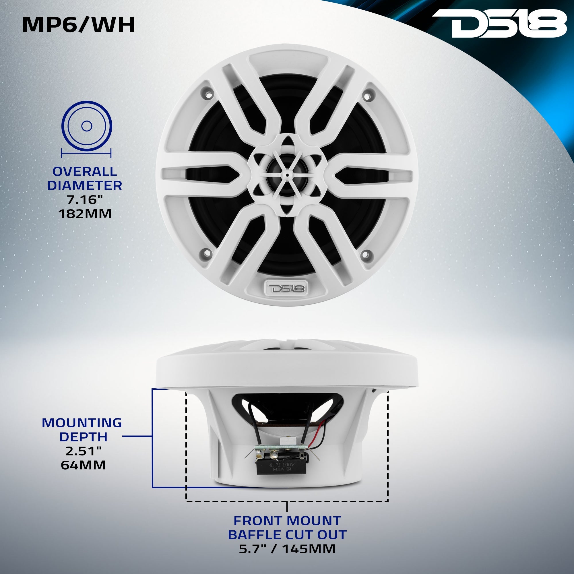 MP 6.5" 2-Way Coaxial Marine Speaker 60 Watts Rms 4-Ohm -White - DS18