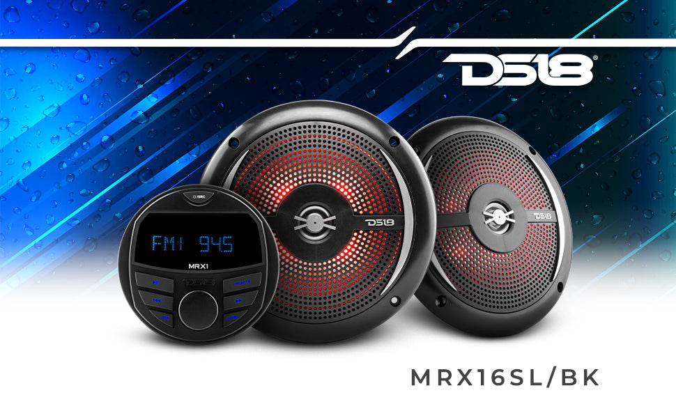 Marine and Powersports Headunit and 6.5" Marine Speaker Package (MRX1 and 2 X NXL-6SL/BK) - Black - DS18