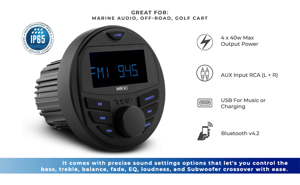 Marine and Powersports Headunit and 6.5" Marine Speaker Package (MRX1 and 2 X NXL-6SL/WH) - White - DS18