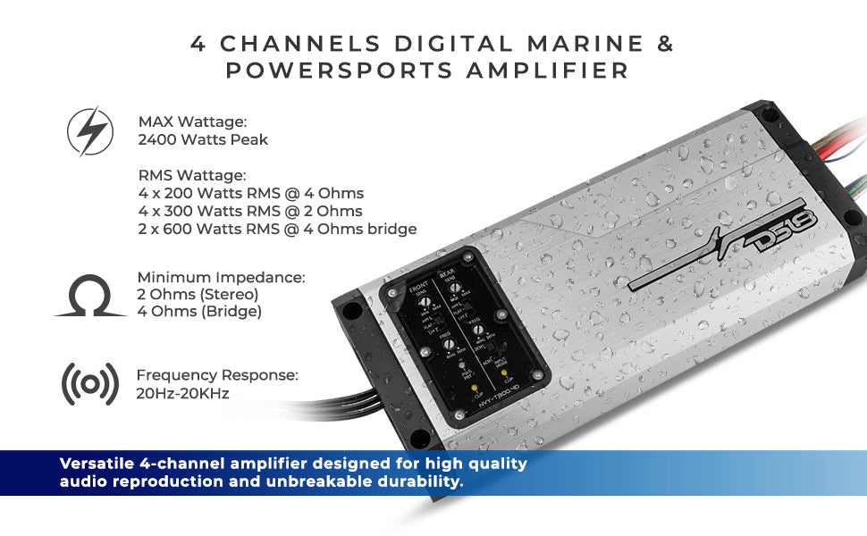 NVY 4-Channel Full-Range IP67 Marine and Powersports Amplifier 200 x 4 @ 4-Ohm Watts RMS - DS18
