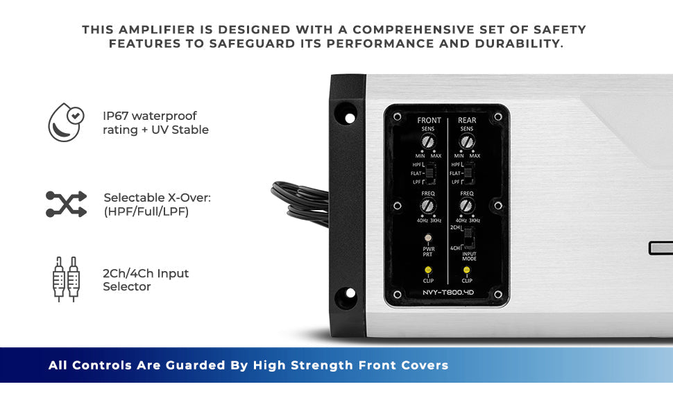 NVY 4-Channel Full-Range IP67 Marine and Powersports Amplifier 200 x 4 @ 4-Ohm Watts RMS - DS18