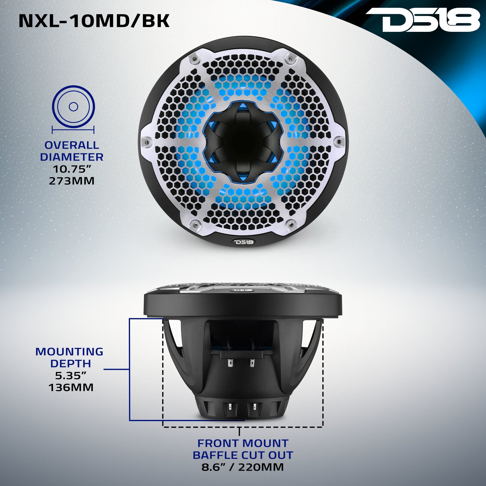 10” Marine 2-Way Hybrid Speaker with RGB LED, Compression Driver and Neodymium Magnet | 450W RMS 4-Ohm - DS18