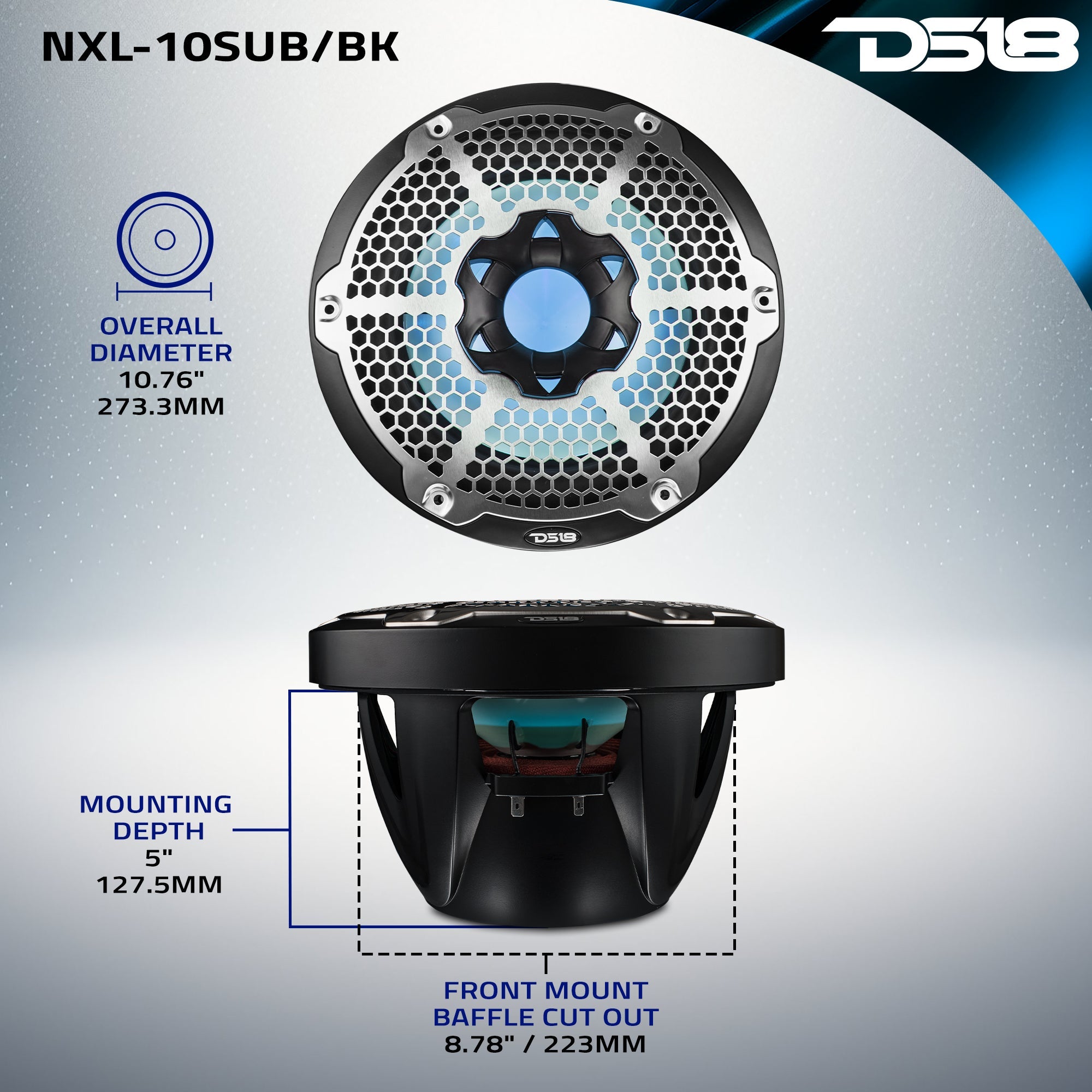NXL 10" Marine Subwoofer with LED RGB Lights 300 Watts Rms SVC 4-Ohm - DS18