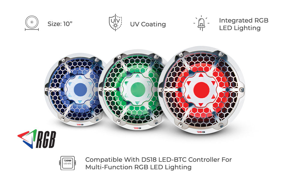 NXL 10" Marine Subwoofer with LED RGB Lights 300 Watts Rms SVC 4-Ohm - DS18