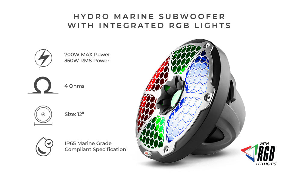 NXL 12" Marine Subwoofer with LED RGB Lights 350 Watts Rms SVC 4-Ohm - DS18