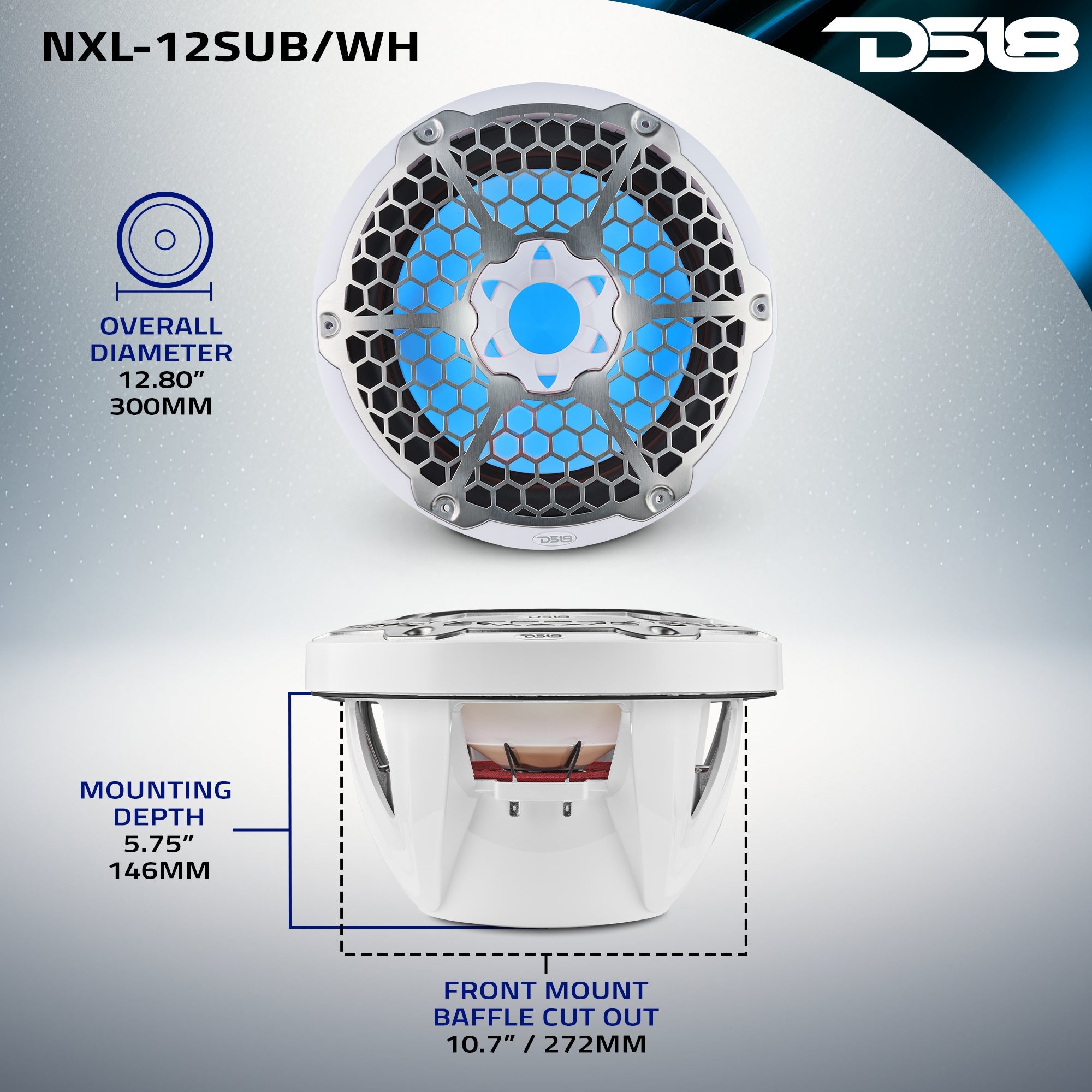 NXL 12" Marine Subwoofer with LED RGB Lights 350 Watts Rms SVC 4-Ohm - DS18