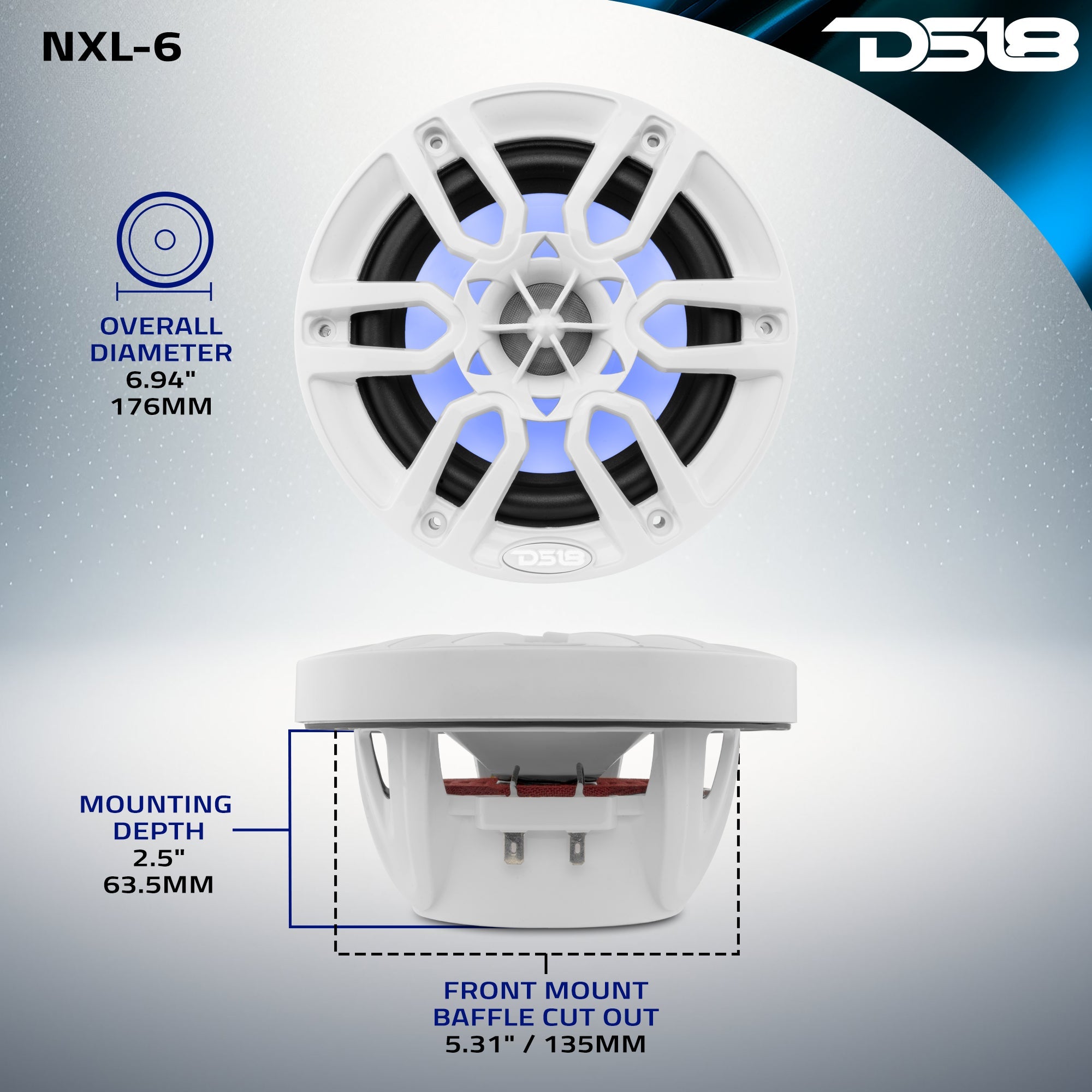 NXL 6.5" 2-Way Coaxial Marine Speaker with LED RGB Lights | 100W RMS 4-Ohm - DS18