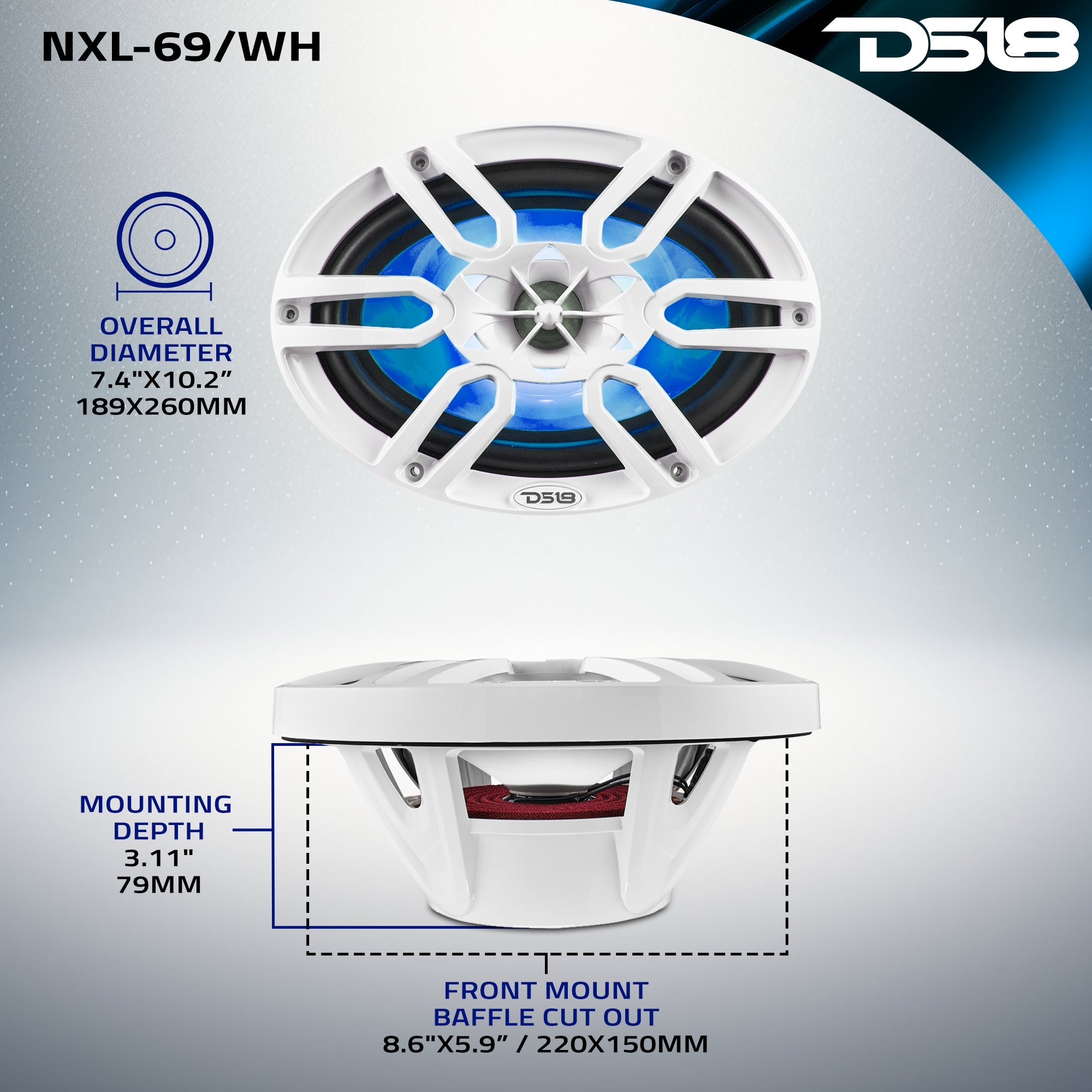 NXL 6x9" 2-Way Coaxial Marine Speaker with LED RGB Lights | 125W RMS 4-Ohm - DS18