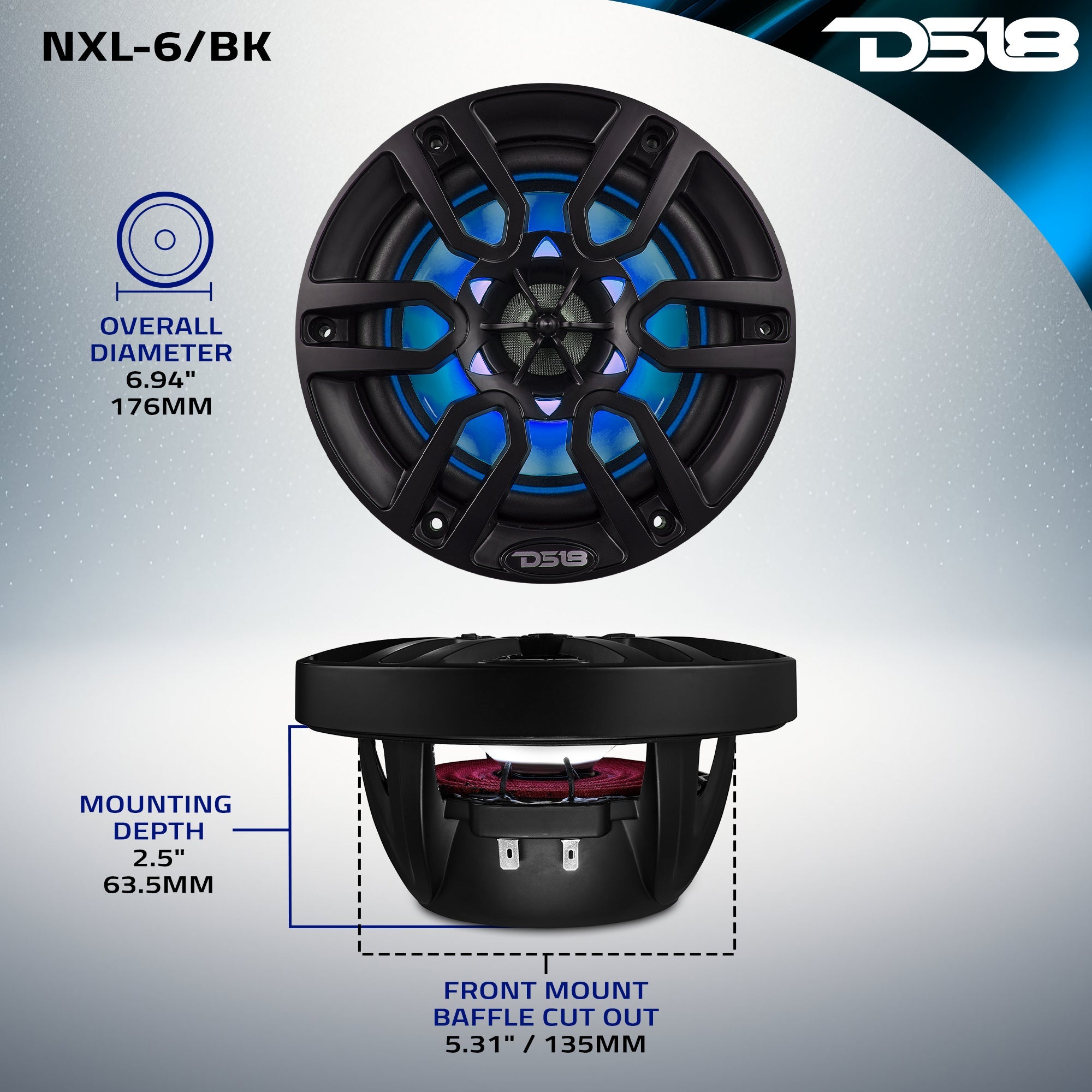 NXL 6.5" 2-Way Coaxial Marine Speaker with LED RGB Lights | 100W RMS 4-Ohm - DS18