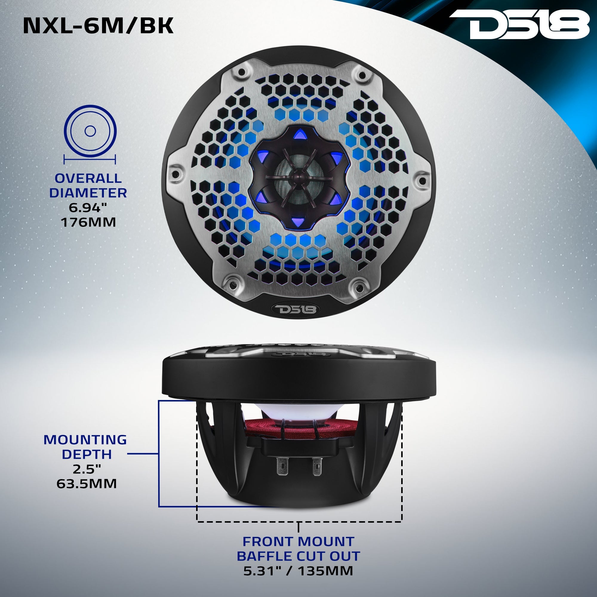 NXL 6.5" 2-Way Coaxial Marine Speaker with RGB LED Lights 100 Watts Rms 4-Ohm - DS18