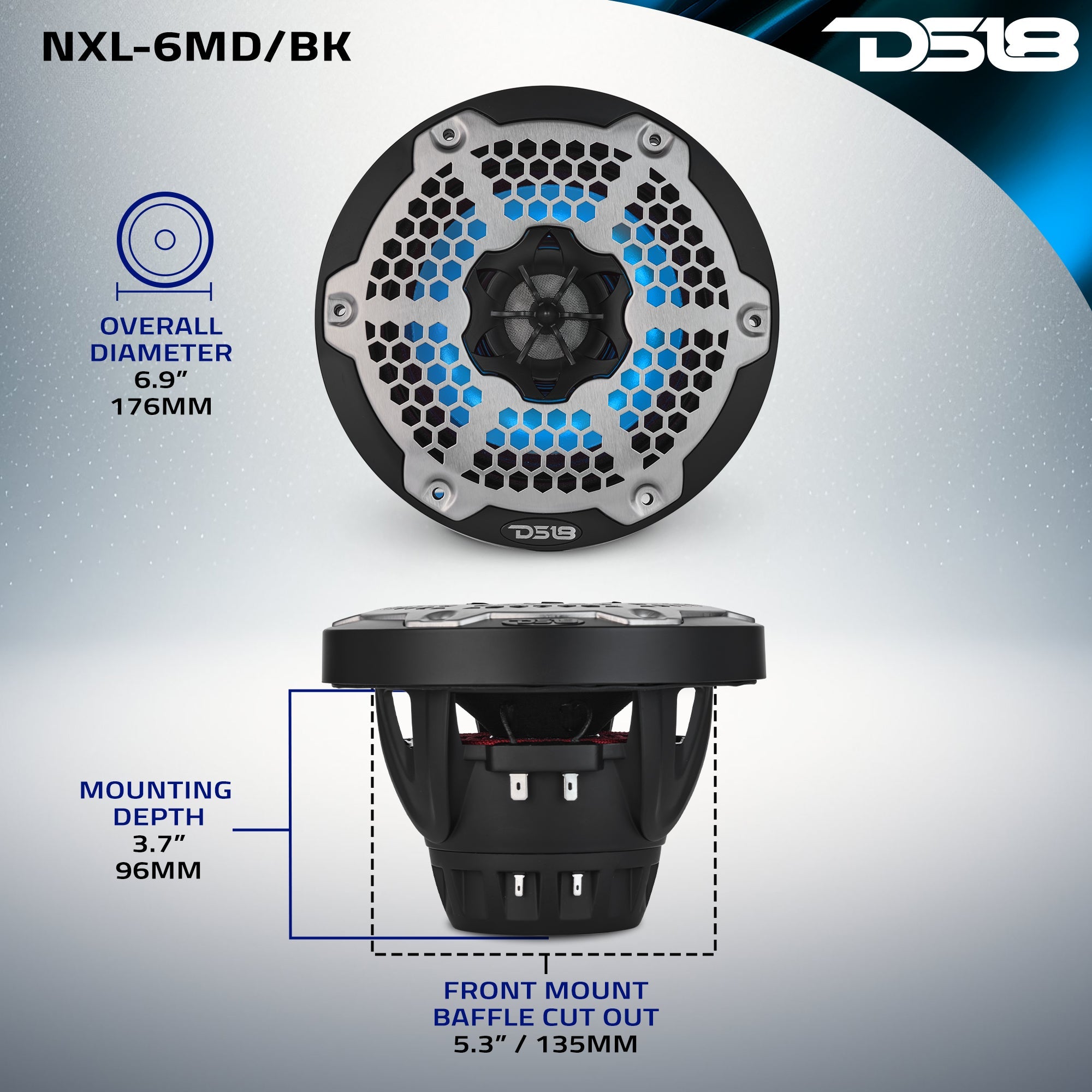 6.5” Marine 2-Way Hybrid Speaker with RGB LED, Compression Driver and Neodymium Magnet | 250W RMS 4-Ohm - DS18