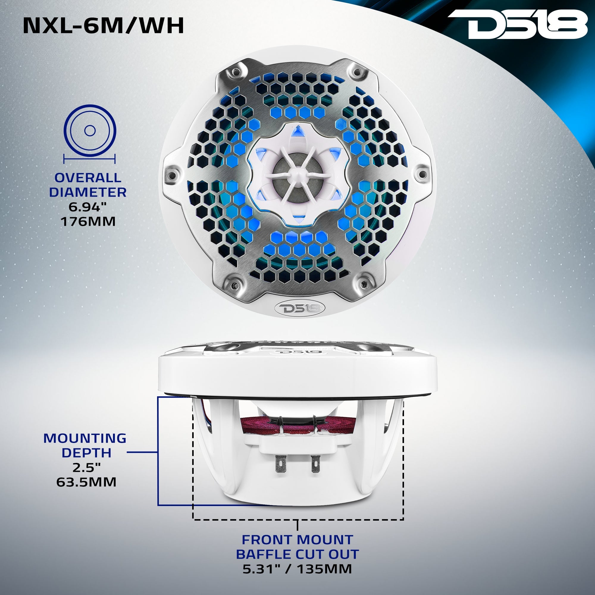 NXL 6.5" 2-Way Coaxial Marine Speaker With LED RGB Lights 100 Watts Rms 4-Ohm - DS18