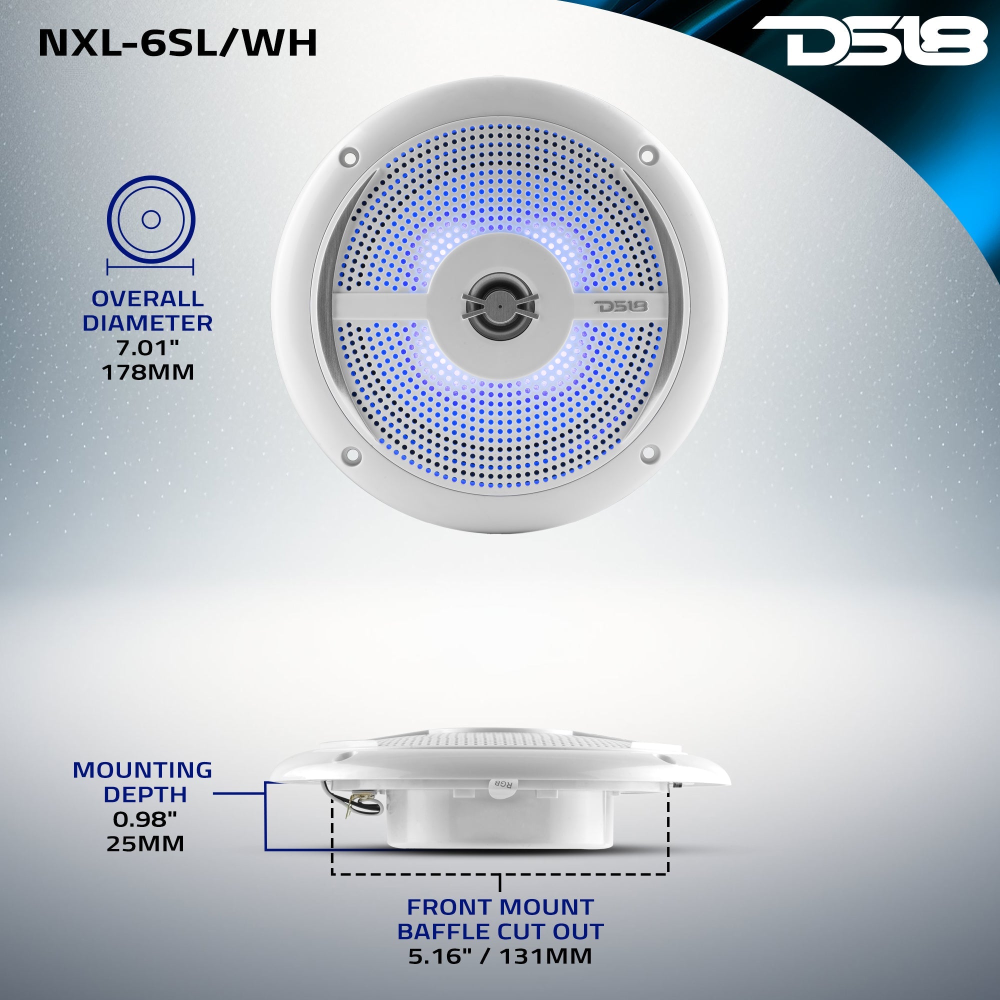 NXL 6.5" 2-Way Coaxial Marine Shallow Speaker With LED RGB Lights 25 Watts Rms 4-Ohm - DS18