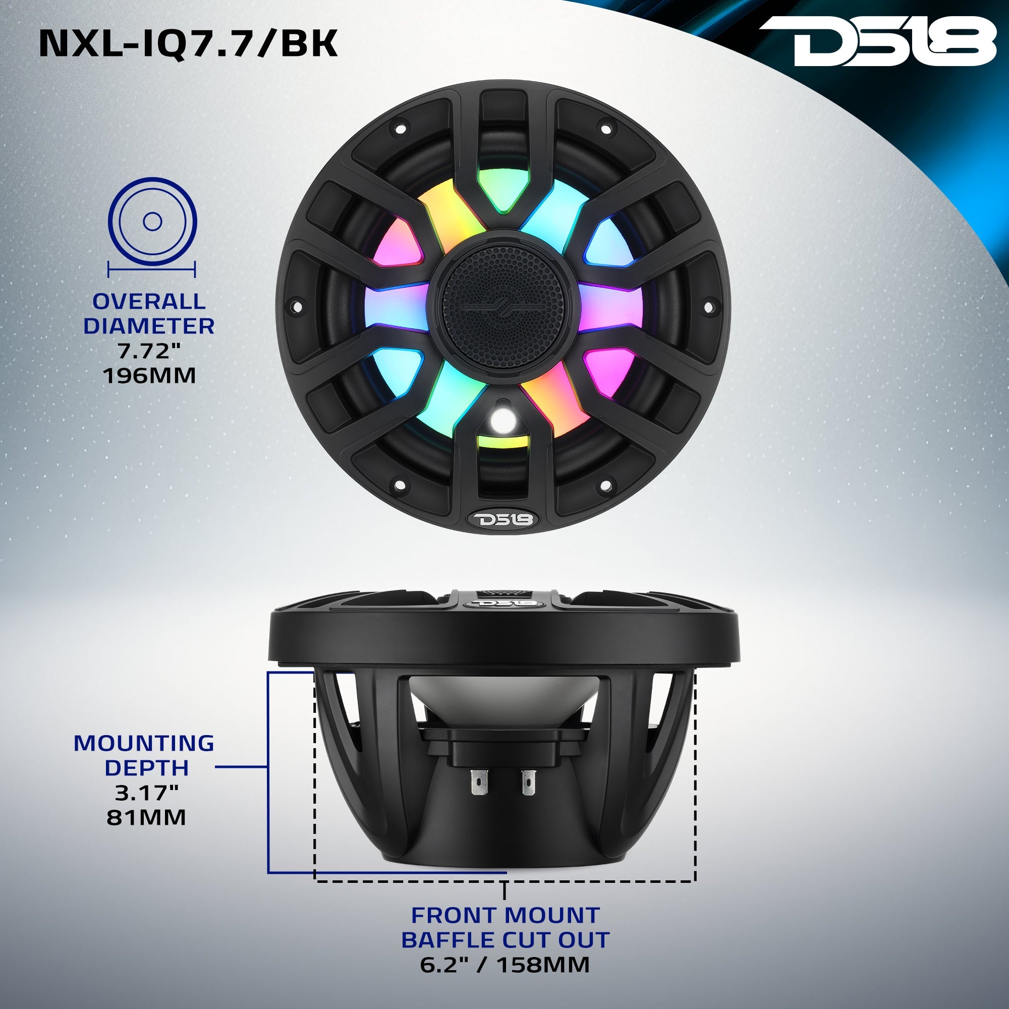 NXL 7.7” 2-Way Coaxial Marine Speaker with Bullet Tweeter, Digital LED Lights & White Deck LED | 175W RMS 4-Ohm - DS18