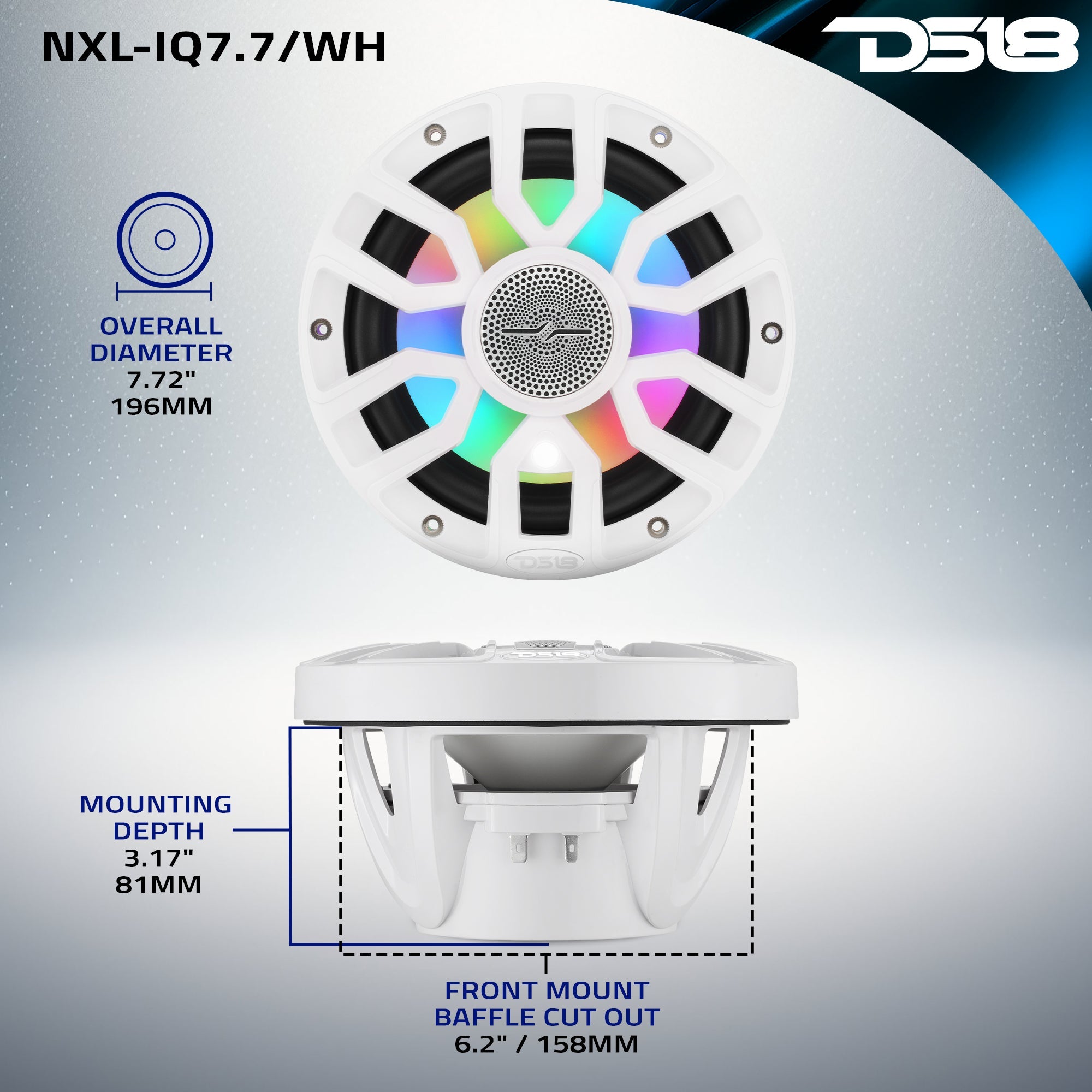 NXL 7.7” 2-Way Coaxial Marine Speaker with Bullet Tweeter, Digital LED Lights & White Deck LED | 175W RMS 4-Ohm - DS18