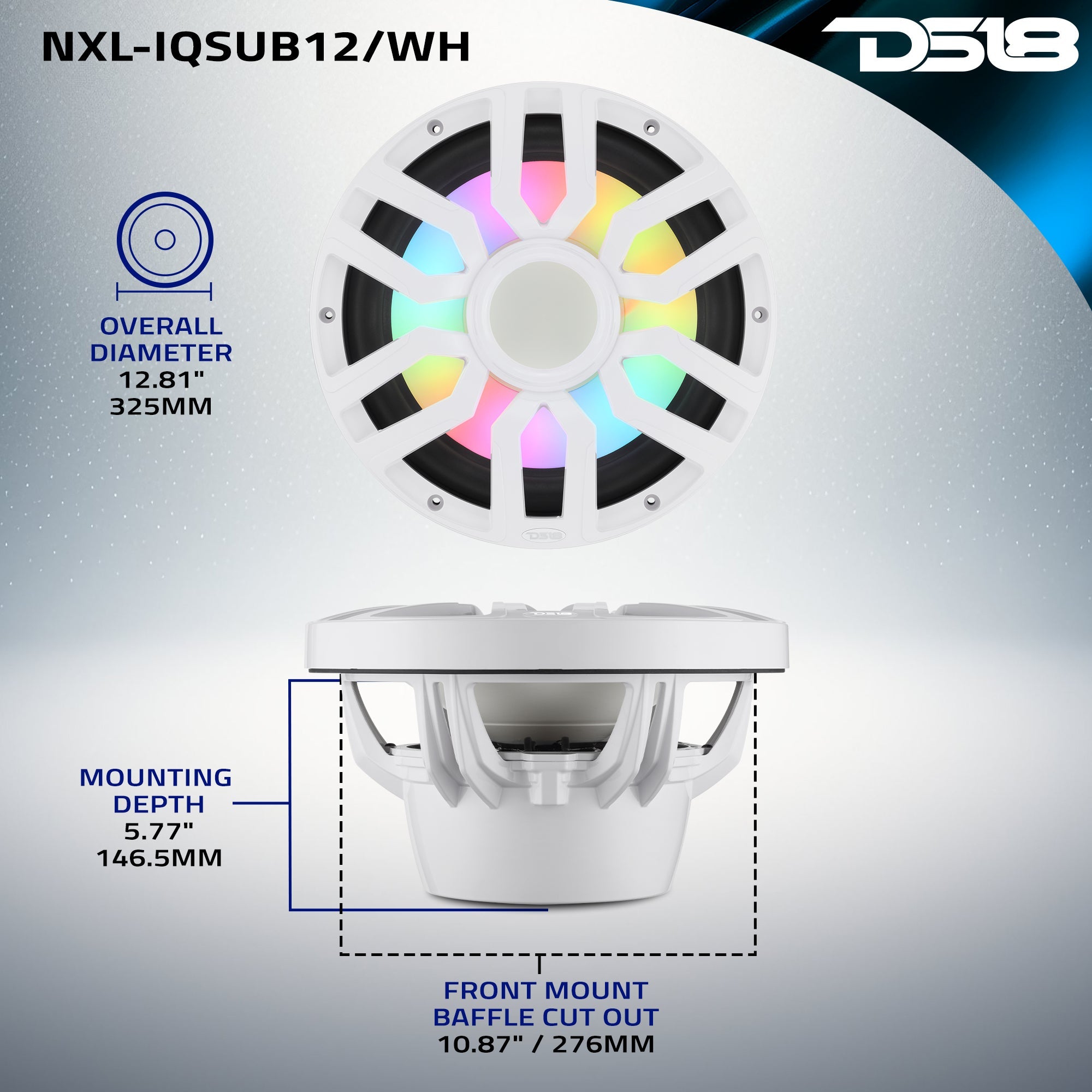 12” Marine Subwoofer with Hybrid Magnet Motor, Removable Grille and Digital LED Lights - 600W RMS 4-Ohm - DS18