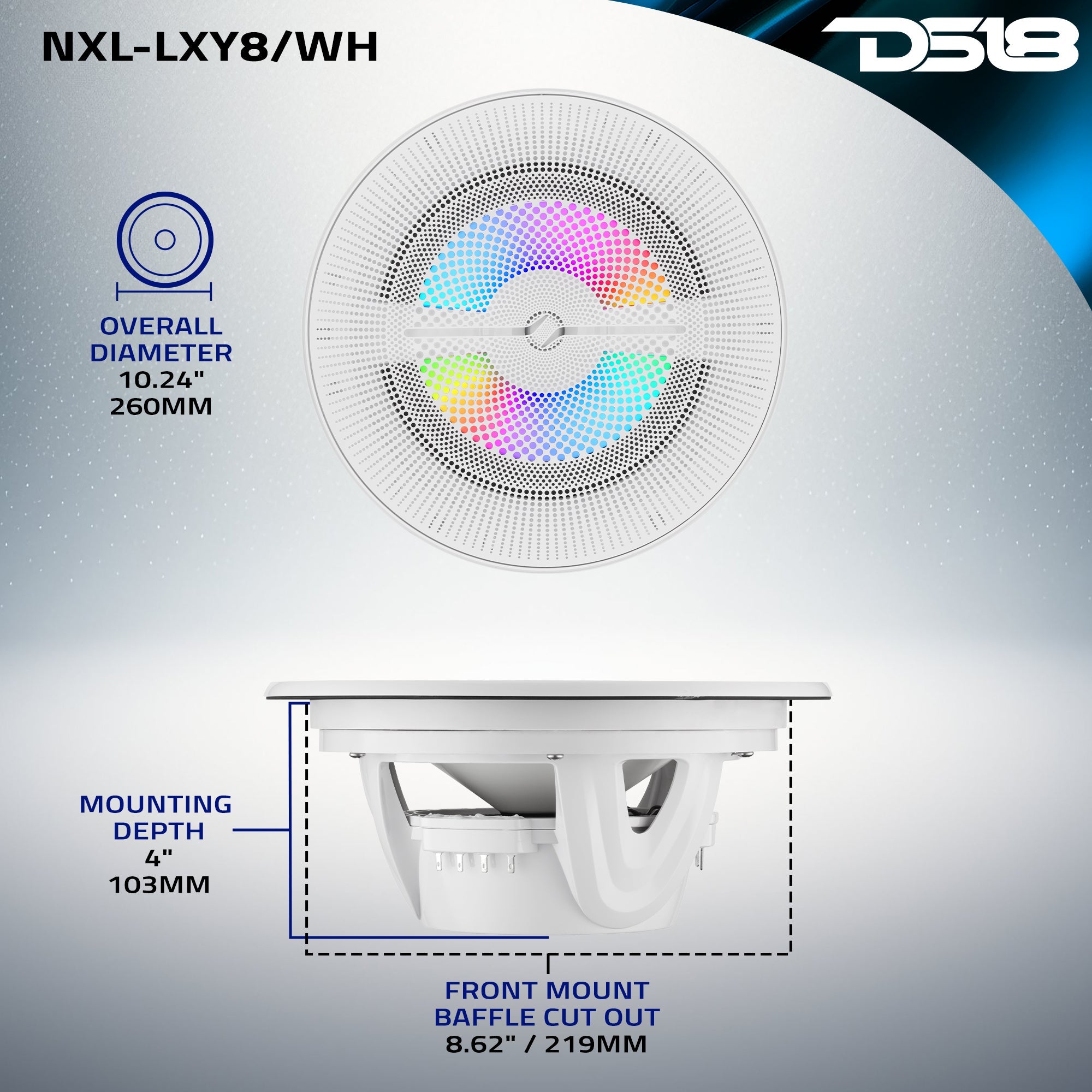 Luxury 8” 2-Way Marine Coaxial Speaker with Digital LED Lights and Flush Magnetic Mount Grille | 175W RMS 4-Ohm - DS18