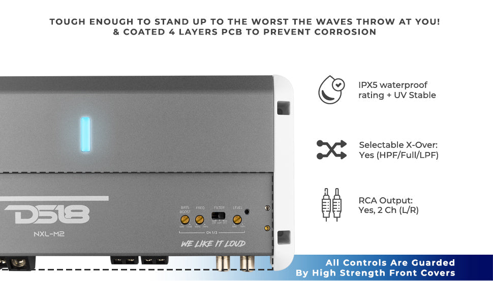 NXL 2-Channel Full-Range Class D IPX5 Marine Amplifier | 2 x 250W RMS @ 4-Ohm - DS18
