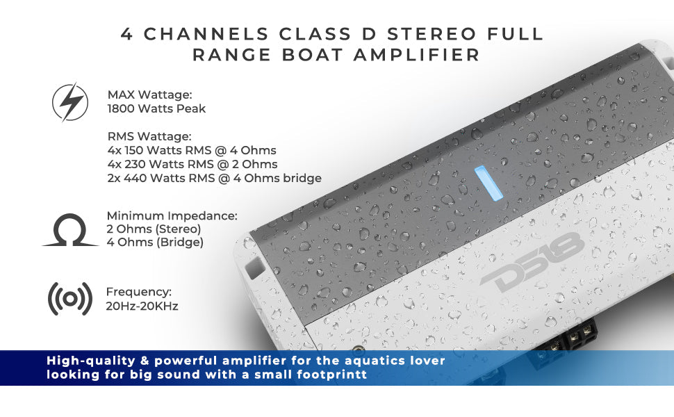 NXL 4-Channel Full-Range Class D IPX5 Marine Amplifier | 4 x 150W RMS @ 4-Ohm - DS18