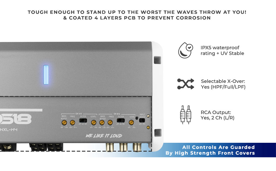 NXL 4-Channel Full-Range Class D IPX5 Marine Amplifier | 4 x 150W RMS @ 4-Ohm - DS18