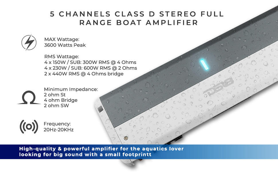NXL 5-Channel Full-Range Class D IPX5 Marine Amplifier | 4 x 150W @ 4-Ohm and 1 x 600W RMS @ 2-Ohm - DS18