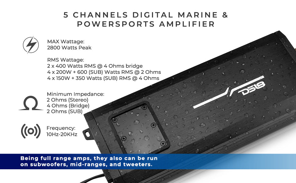 NXL 5-Channel Full-Range Class D IP67 Marine and Powersports Amplifier 4 x 150 @ 4-Ohm and 1 x 600 @ 2-Ohm Watts Rms - DS18