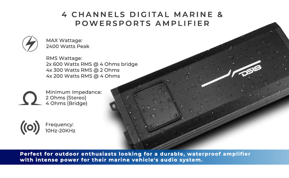 NXL 4-Channel Full-Range Class D IP67 Marine and Powersports Amplifier 4 x 200 Watts Rms @ 4-Ohm - DS18