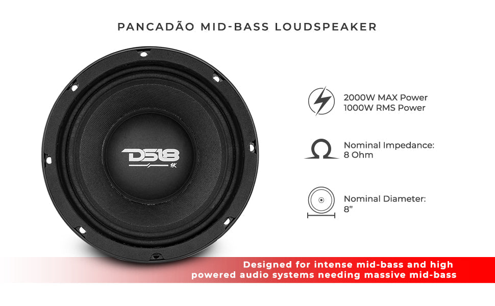 PANCADÃO Mid-Bass Loudspeaker 8" 1000 Watts Rms 8-Ohm - DS18