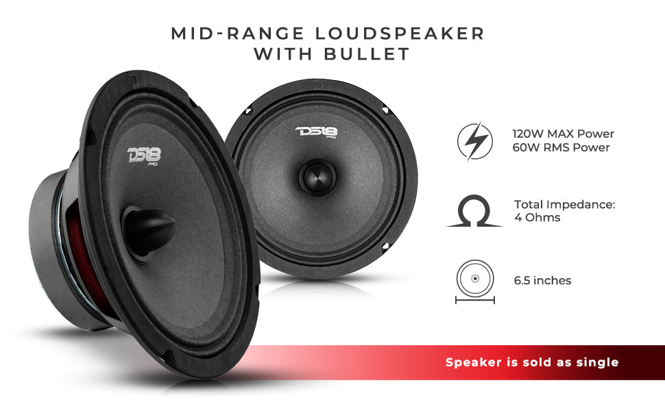 DS18 PRO-B6.4 6.5" Mid-Range Car Audio Loudspeaker with Bullet 120 Watts 4-Ohm - DS18