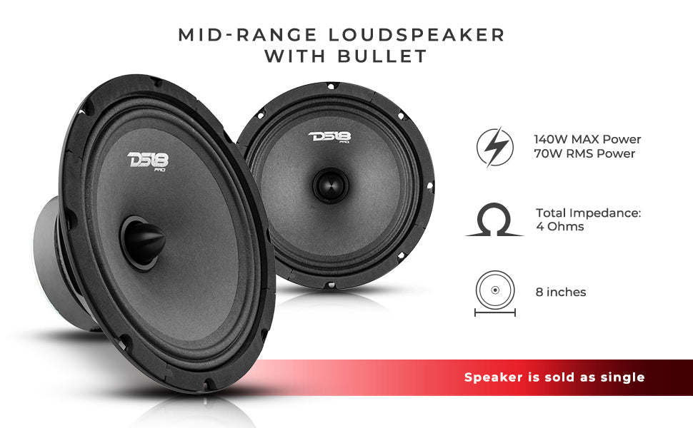 DS18 PRO-B8.4 8" Mid-Range Car Audio Loudspeaker with Bullet 140 Watts 4-Ohm - DS18