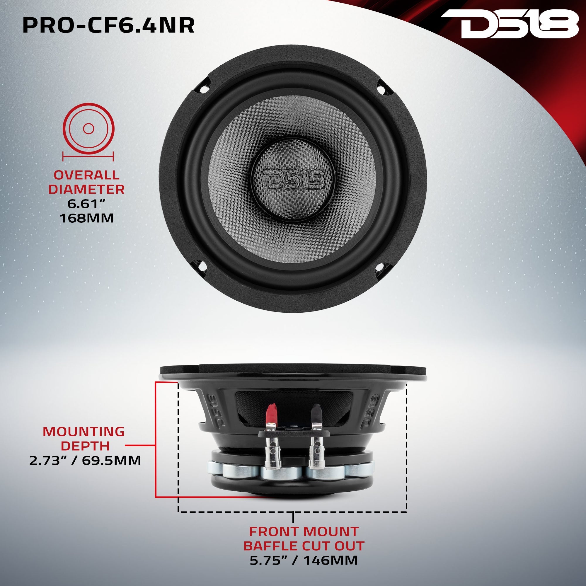 PRO 6.5" Neodymium Carbon Fiber Water resistant Cone Mid-Bass Loudspeaker 250 Watts Rms 4-Ohm - DS18