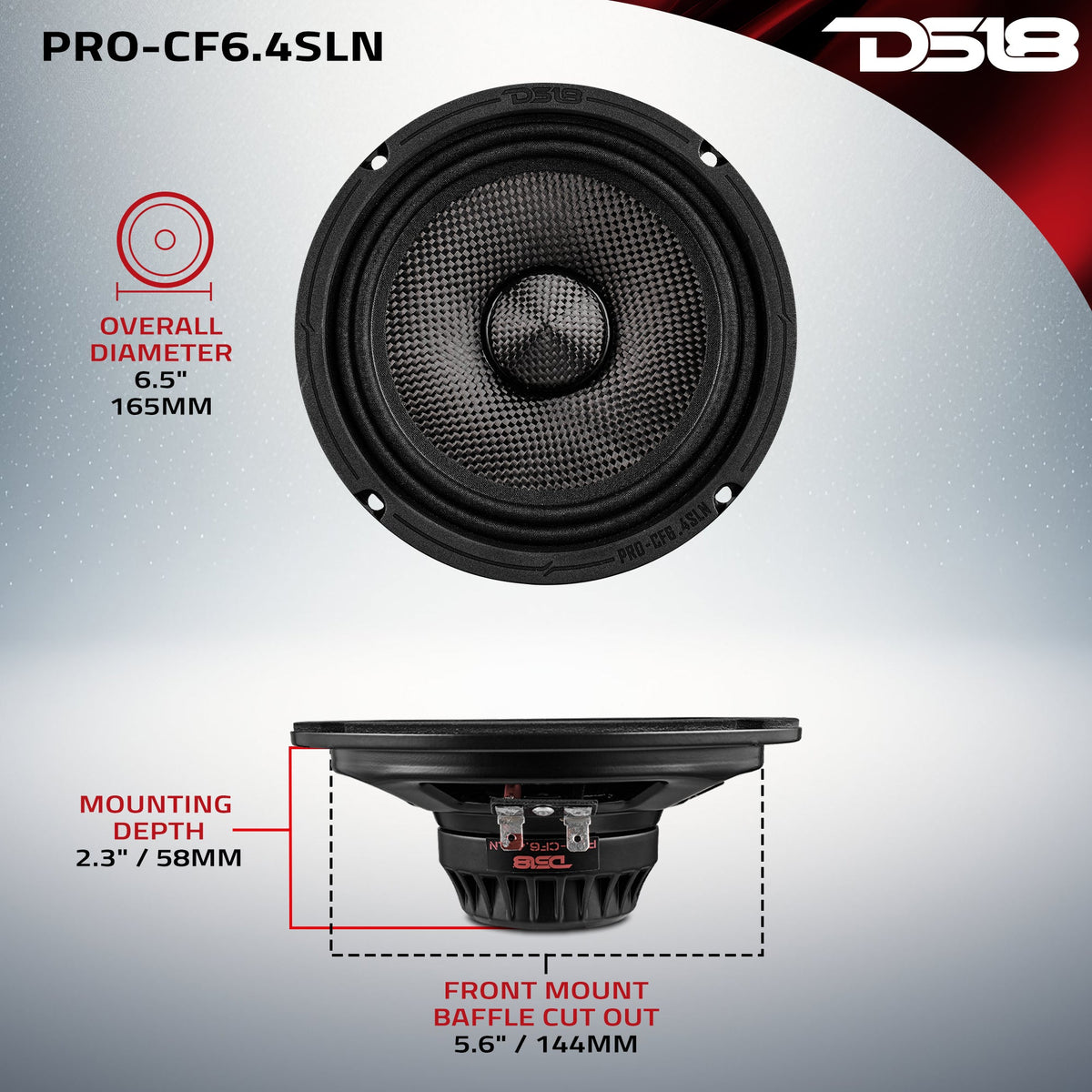 6.5” Slim Motorcycle & Motorsports Loudspeaker With Neodymium Magnet and Water Resistant Carbon Fiber Cone | 4-Ohm 150W RMS