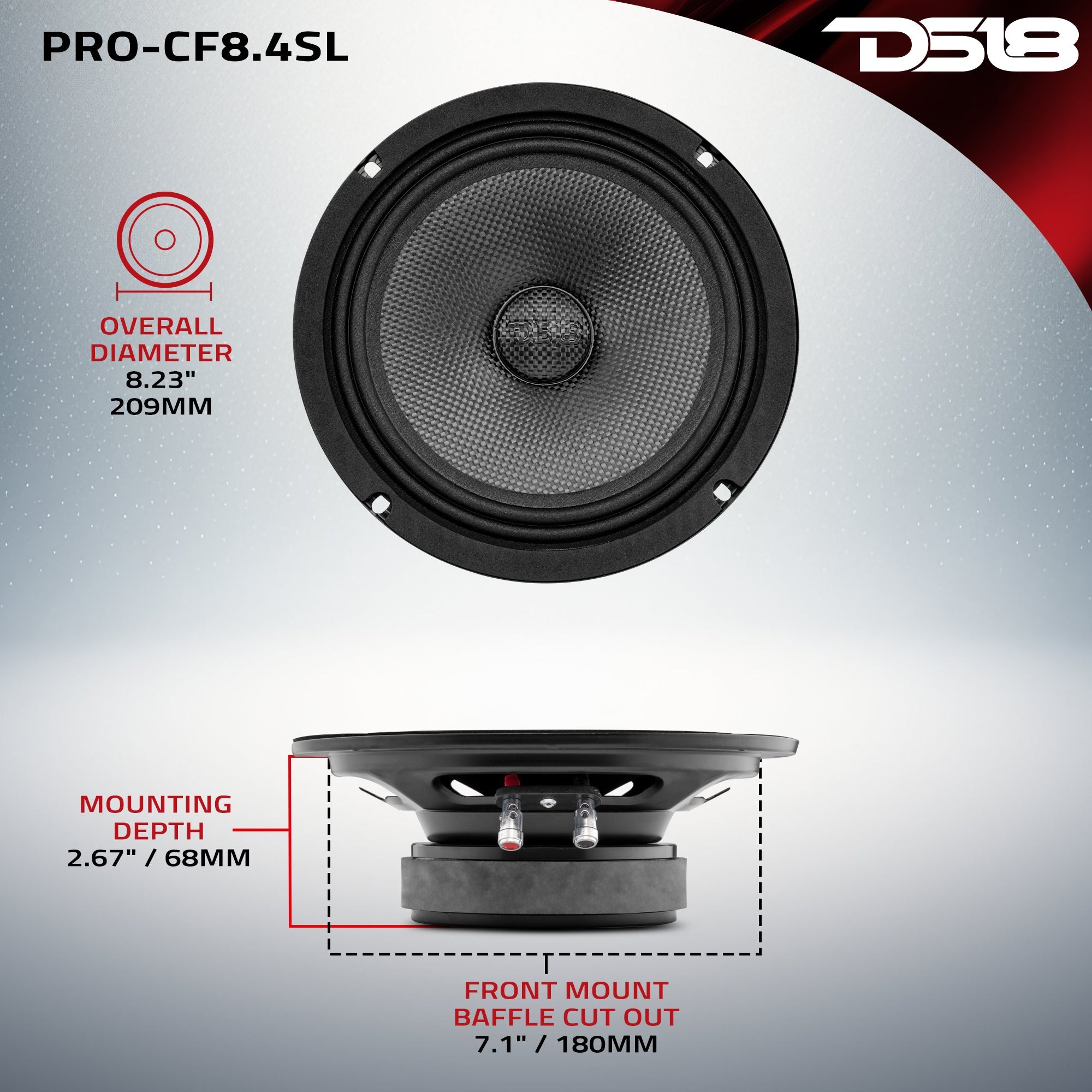 PRO 8" Shallow Carbon Fiber Water resistant Cone Mid-Bass Loudspeaker 275 Watts Rms 4-Ohm - DS18