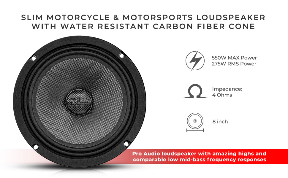 PRO 8" Shallow Carbon Fiber Water resistant Cone Mid-Bass Loudspeaker 275 Watts Rms 4-Ohm - DS18