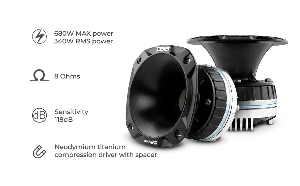 2" Throat Bolt On Neodymium Driver with Spacer, 2" Throat Titanium Voice Coil 640 Watts and PRO-HA52/BK Horn 680 Watts 118dB