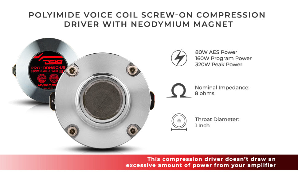1" Throat Twist On Neodymium Driver 160 Watts 1.5" Composite Polyimide Vc 8-Ohm - DS18