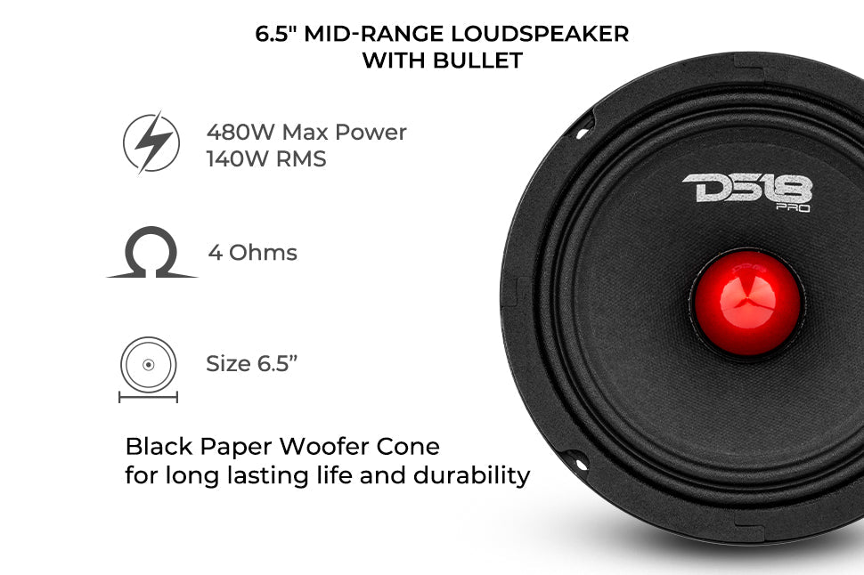 PRO 6.5" Mid-Range Loudspeaker with Bullet | 140W RMS 4-Ohm - DS18