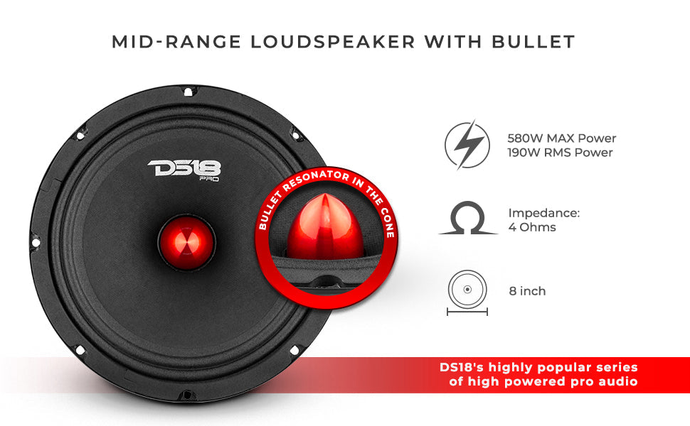 DS18 PRO-GM8.4B 8" Mid-Range Loudspeaker with Bullet 580 Watts 4-Ohm - DS18