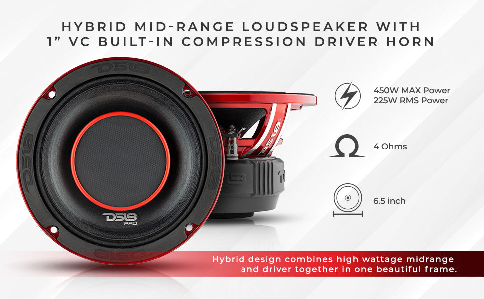 PRO 6.5" Coaxial Hybrid Mid-Range Water resistant Cone Loudspeaker with Built-in Driver 225 Watts Rms 4-Ohm - DS18