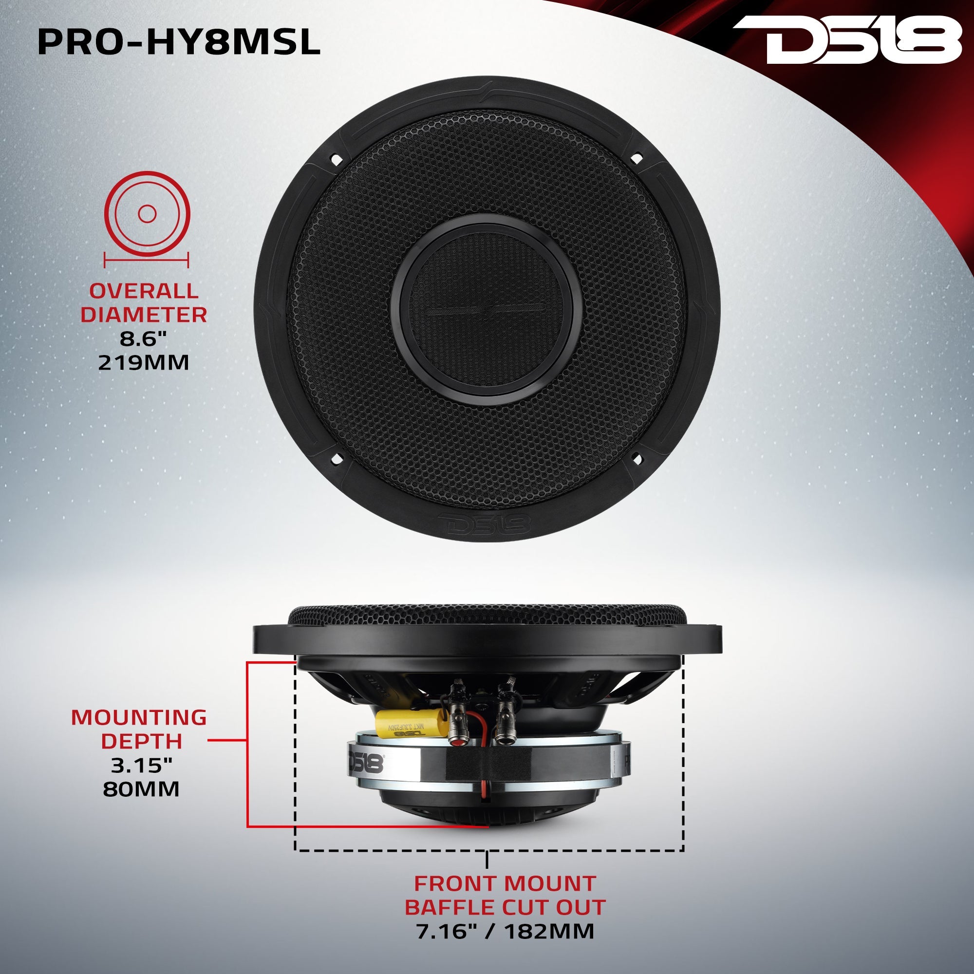 PRO 8" Shallow Coaxial Hybrid Mid-Range Loudspeaker with Built-in Driver | 200W RMS 8-Ohm - DS18