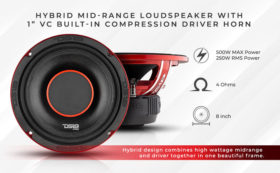 PRO 8" Coaxial Hybrid Mid-Range Water resistant Cone Loudspeaker with Built-in Driver 250 Watts Rms 4-Ohm - DS18