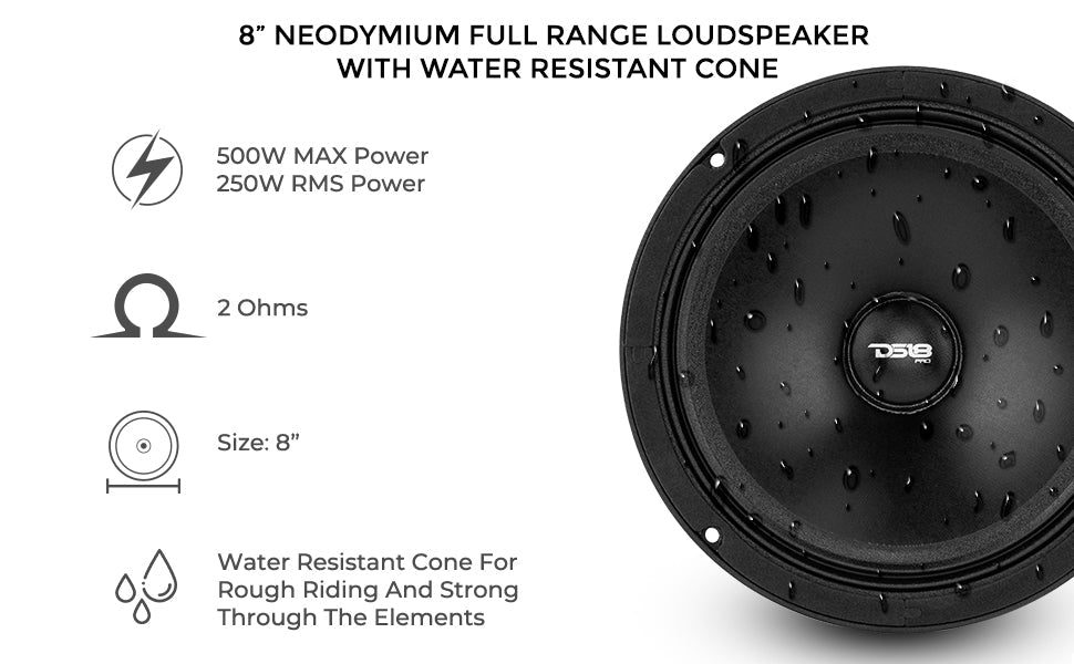PRO 8" Neodymium Water resistant Full-Range Loudspeaker 250 Watts Rms 2-Ohm - DS18