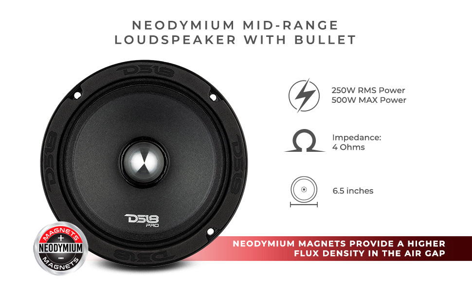 PRO 6.5" Neodymium Mid-Range Bullet Loudspeaker 250 Watts Rms 4-Ohm - DS18