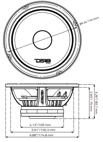 PRO 6.5" Neodymium Mid-Range Loudspeaker 300 Watts Rms 4-Ohm - DS18