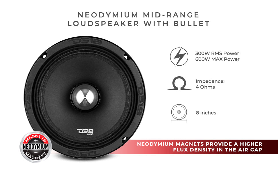PRO 8" Neodymium Mid-Range Bullet Loudspeaker 300 Watts Rms 4-Ohm - DS18