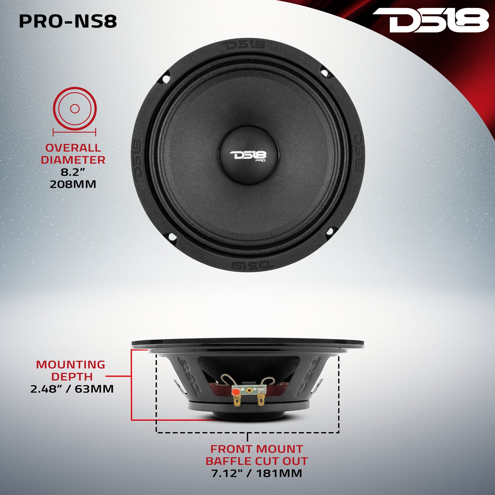 PRO 8" Shallow Neodymium Full-Range Loudspeaker 200 Watts Rms 8-Ohm - DS18