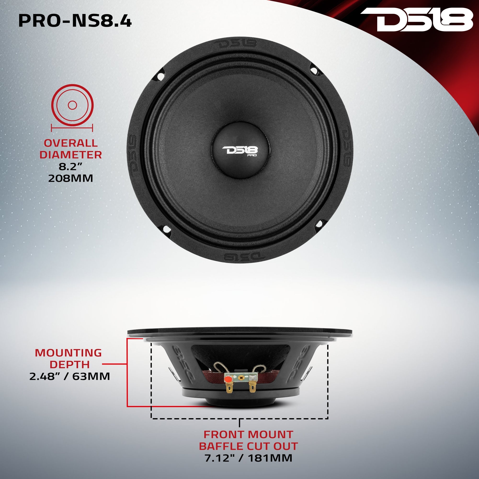 PRO 8" Shallow Neodymium Full-Range Loudspeaker 200 Watts Rms 4-Ohm - DS18