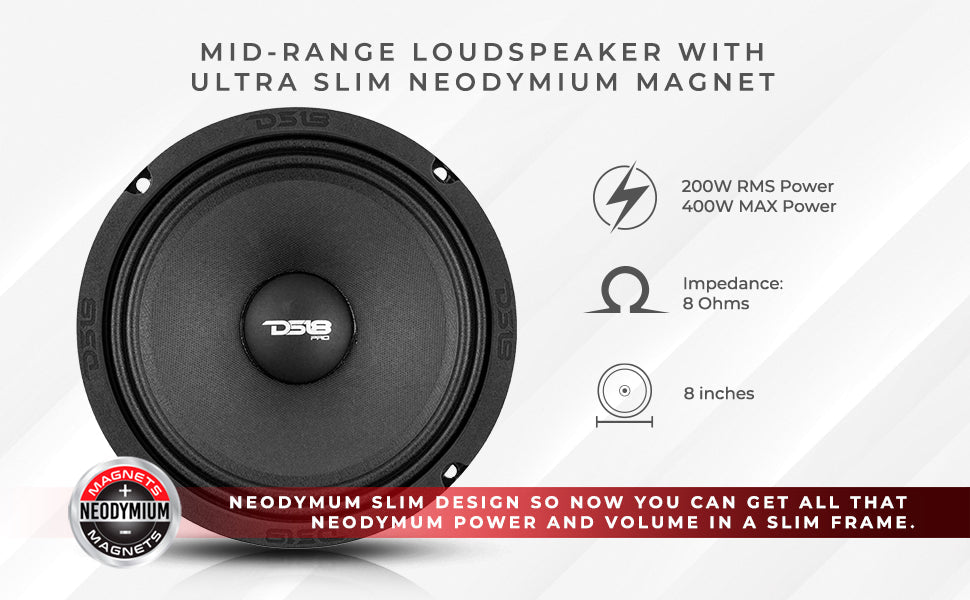 PRO 8" Shallow Neodymium Full-Range Loudspeaker 200 Watts Rms 8-Ohm - DS18