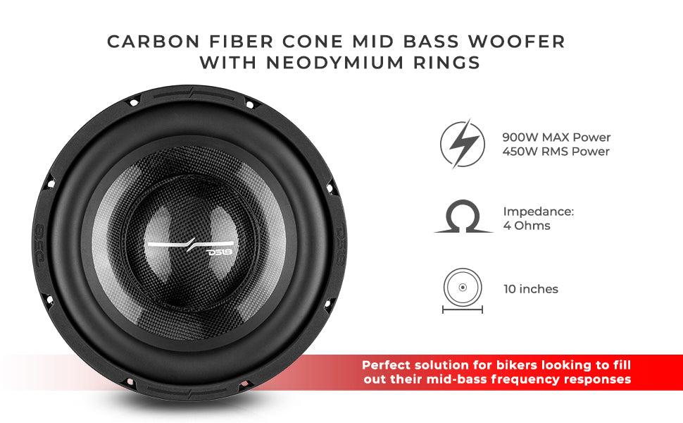 PRO 10" Neodymium Water resistant Carbon Fiber Cone Mid-Bass Woofer 450 Watts Rms 4-Ohm - DS18